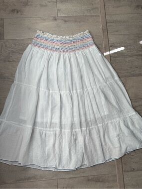 Zara White Boho Tiered Maxi Skirt Women’s multi color Smocked Waist Cotton XL
